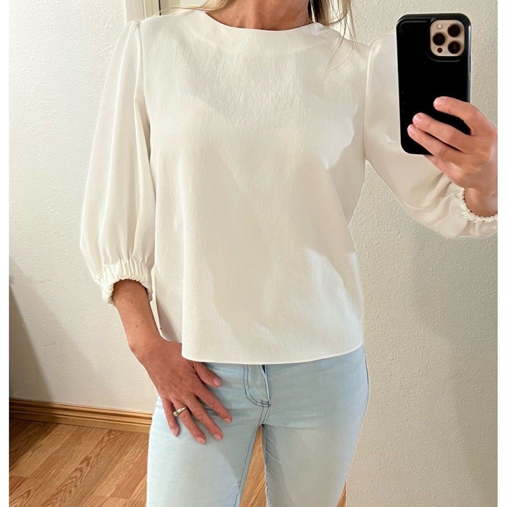Tibi White Blouse Shirt 3/4 Puff Sleeve Partial Open Back Straps - Picture 5 of 11